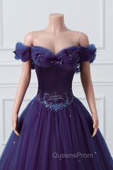 Purple Off-The-Shoulder Sweetheart Party Dress, Beaded Flowers Ball Gown Tulle Evening Prom Dress