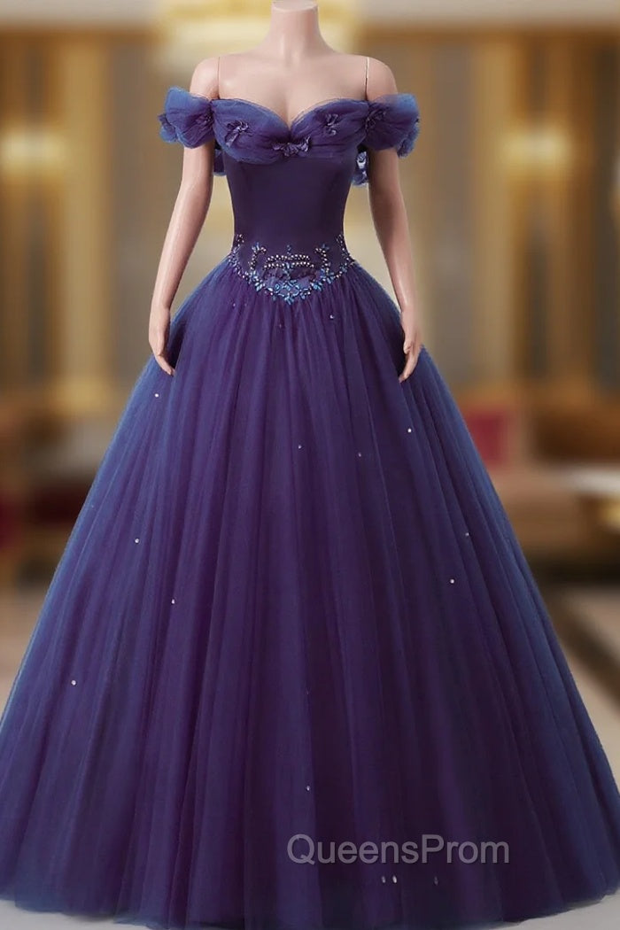 Purple Off-The-Shoulder Sweetheart Party Dress, Beaded Flowers Ball Gown Tulle Evening Prom Dress Main image