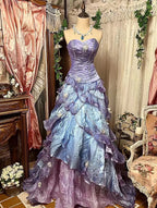 Purple Pink Blue Gradient Fashion Retro Elegant Delicate Floral Beads Sweet Elegant Long Tulle Floor Length Ball Gown Classy Evening Gown