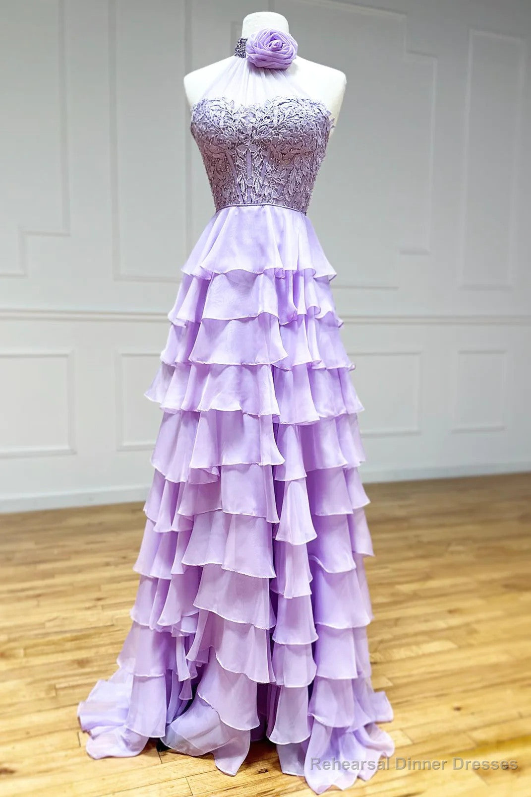 Purple Ruffle Chiffon Halter Prom Dress