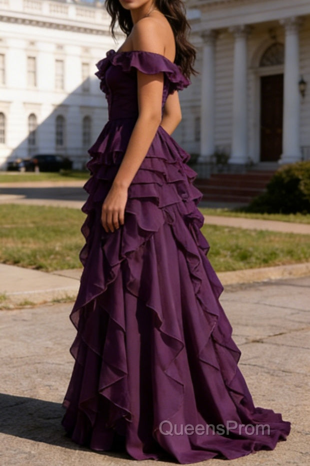 Purple Ruffled A-Line Square Neck Long Prom Dress