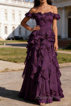 Purple Ruffled A-Line Square Neck Long Prom Dress
