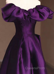 Purple Satin A-Line Off Shoulder Long Evening Dress, Purple Satin Evening Prom Dress