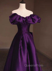 Purple Satin A-Line Off Shoulder Long Evening Dress, Purple Satin Evening Prom Dress