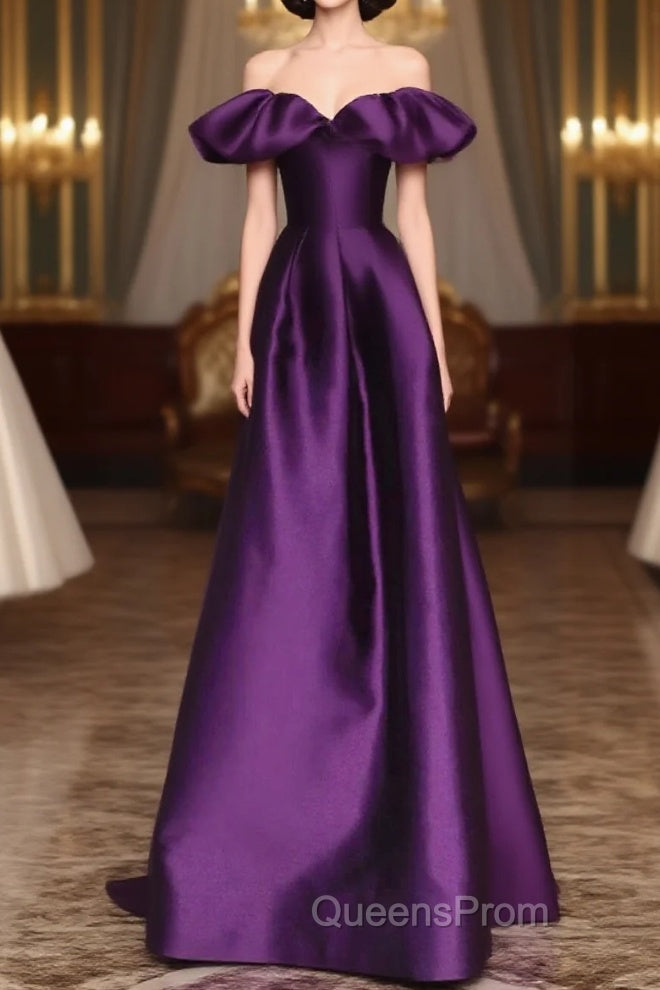 Purple Satin A-Line Off Shoulder Long Evening Dress, Purple Satin Evening Prom Dress Main image