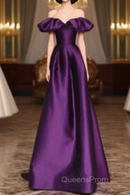 Purple Satin A-Line Off Shoulder Long Evening Dress, Purple Satin Evening Prom Dress
