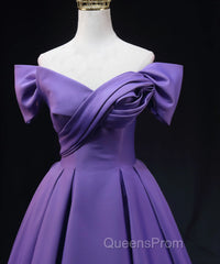 Purple Satin A-Line Off Shoulder Long Party Dress, Purple Evening Dress Evening Prom Dress