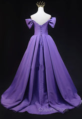 Purple Satin A-Line Off Shoulder Long Party Dress, Purple Evening Dress Evening Prom Dress
