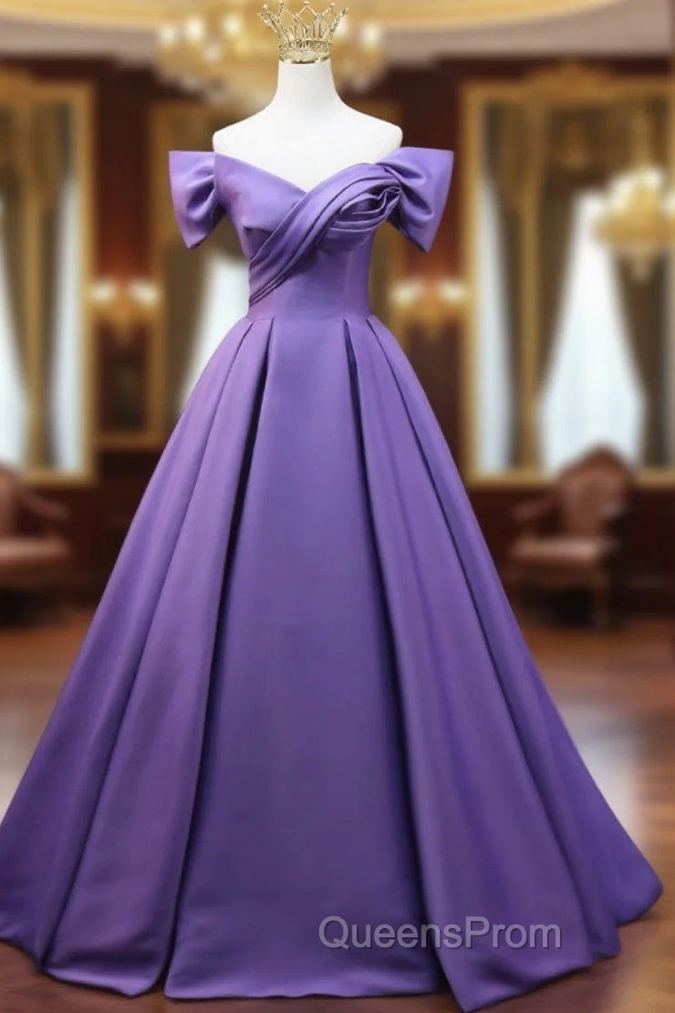Purple Satin A-Line Off Shoulder Long Party Dress, Purple Evening Dress Evening Prom Dress Main image