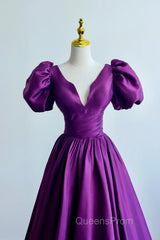 Purple Satin A-Line Short Sleeves Long Formal Dress, Purple Evening Dress Evening Prom Dress