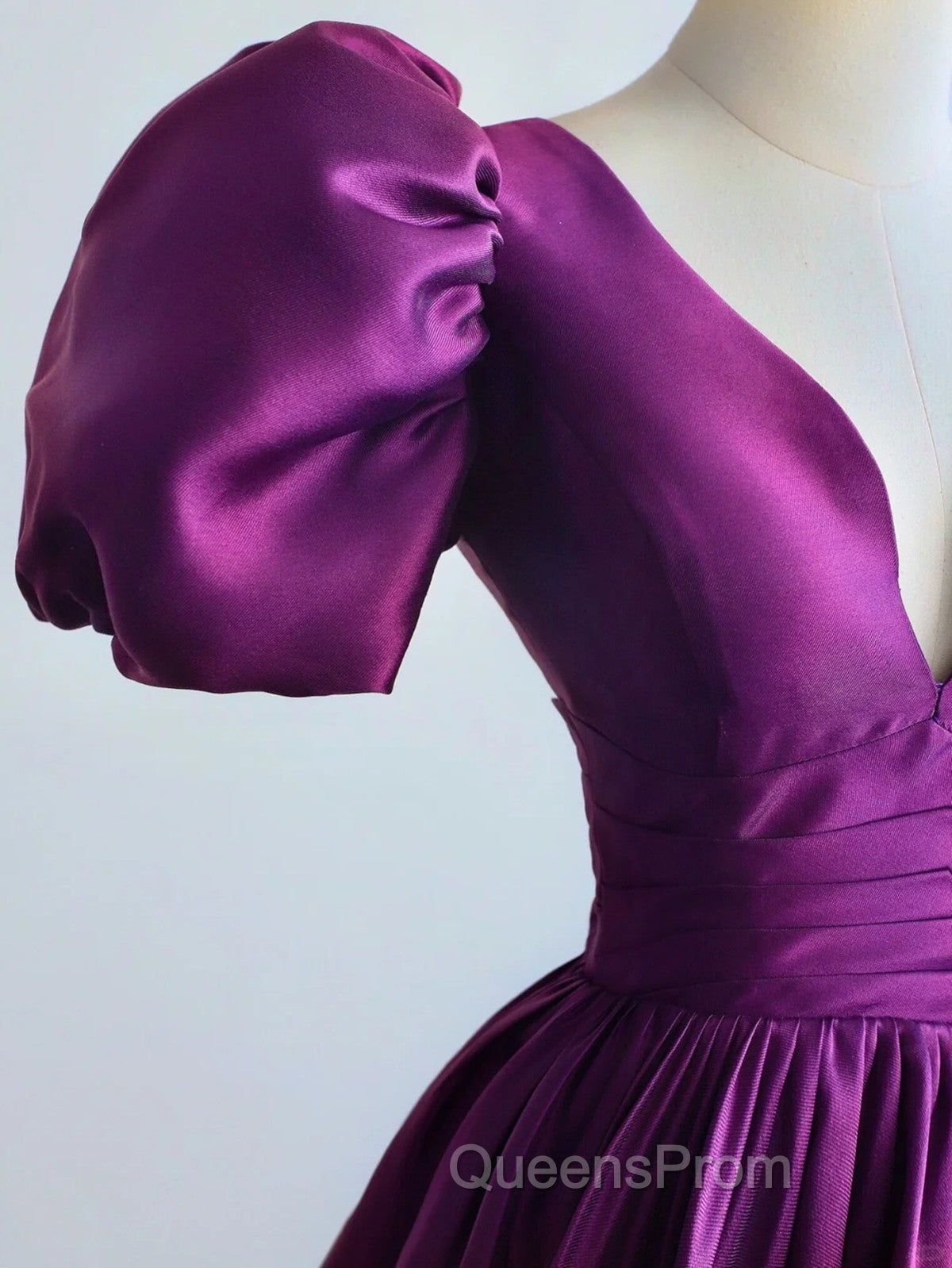Purple Satin A-Line Short Sleeves Long Formal Dress, Purple Evening Dress Evening Prom Dress