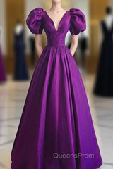 Purple Satin A-Line Short Sleeves Long Formal Dress, Purple Evening Dress Evening Prom Dress