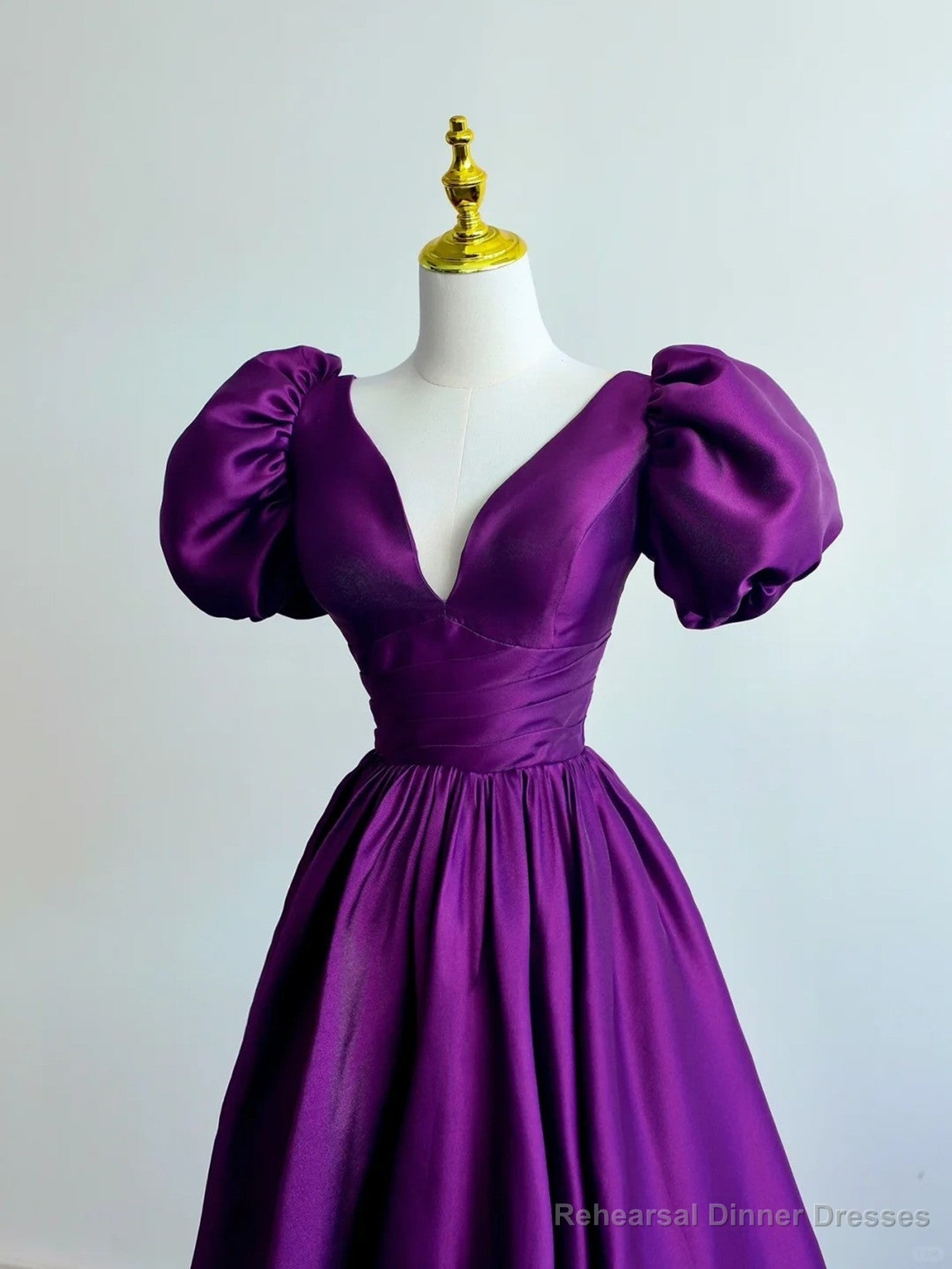 Purple Satin A-line Short Sleeves Long Formal Dress, Purple  Prom Dress