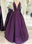 Purple Satin Deep V-neck Prom Dress