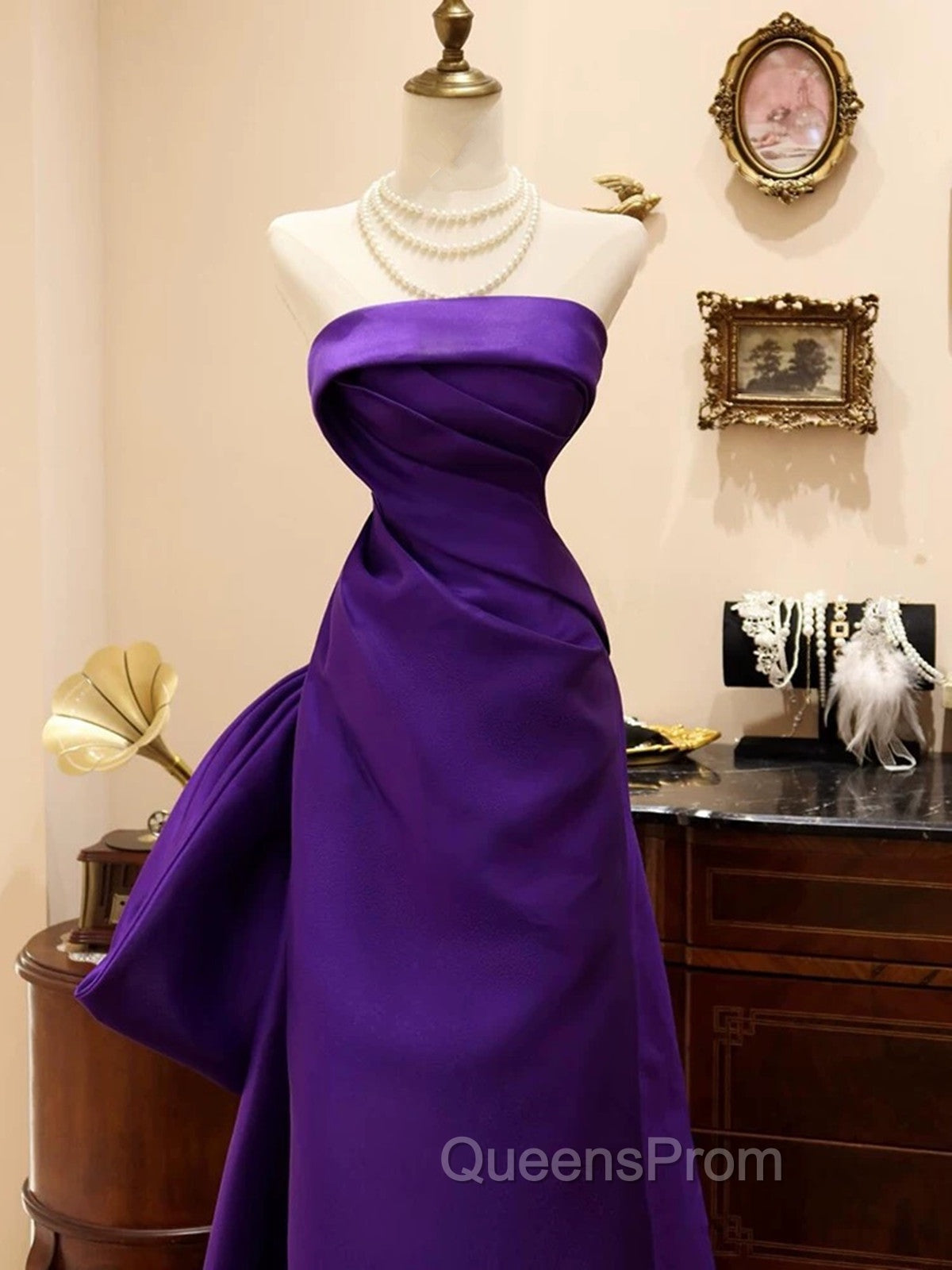 Purple Satin Scoop A-Line Floor Length Party Dress, Purple Satin Long Evening Prom Dress With Bow Secondary image