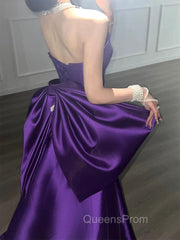 Purple Satin Scoop A-Line Floor Length Party Dress, Purple Satin Long Evening Prom Dress With Bow
