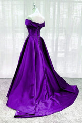 Purple Satin Sweetheart Long Party Dress Evening Prom Dress, Off Shoulder Purple Evening Dress