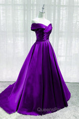 Purple Satin Sweetheart Long Party Dress Evening Prom Dress, Off Shoulder Purple Evening Dress