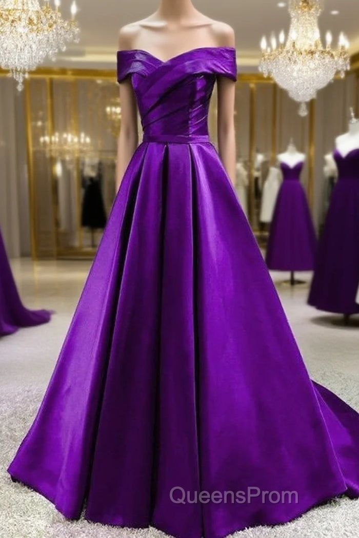 Purple Satin Sweetheart Long Party Dress Evening Prom Dress, Off Shoulder Purple Evening Dress Main image