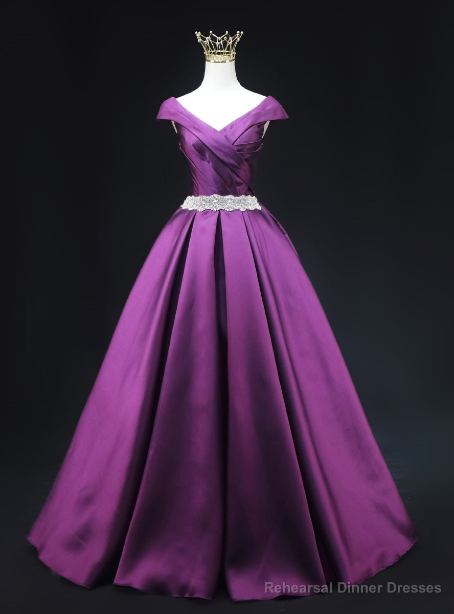 Purple Satin V-neck Pleats Beading Prom Dress Main image