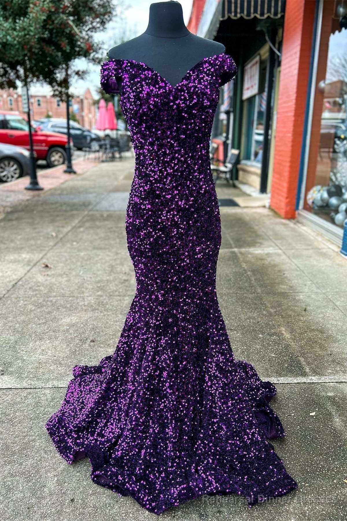 Purple Sequin Off-the-Shoulder Lace-Up Mermaid Prom Dresses Evening Gowns Main image