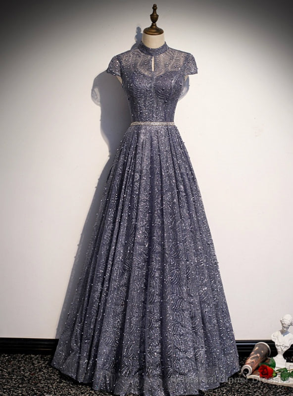 Purple Sequins High Neck Cap Sleeve Pearls Prom Dress Main image