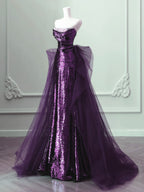 Purple Sequins Long Party Dress, A-Line Purple Sequins Classy Prom Dress With Tulle