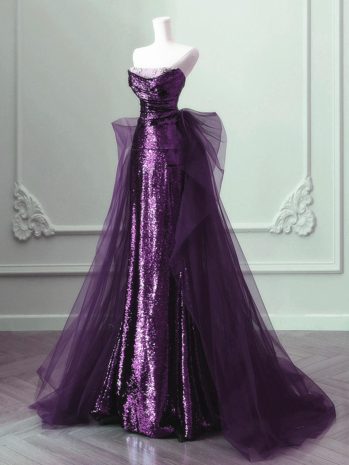Purple Sequins Long Party Dress, A-Line Purple Sequins Classy Prom Dress With Tulle