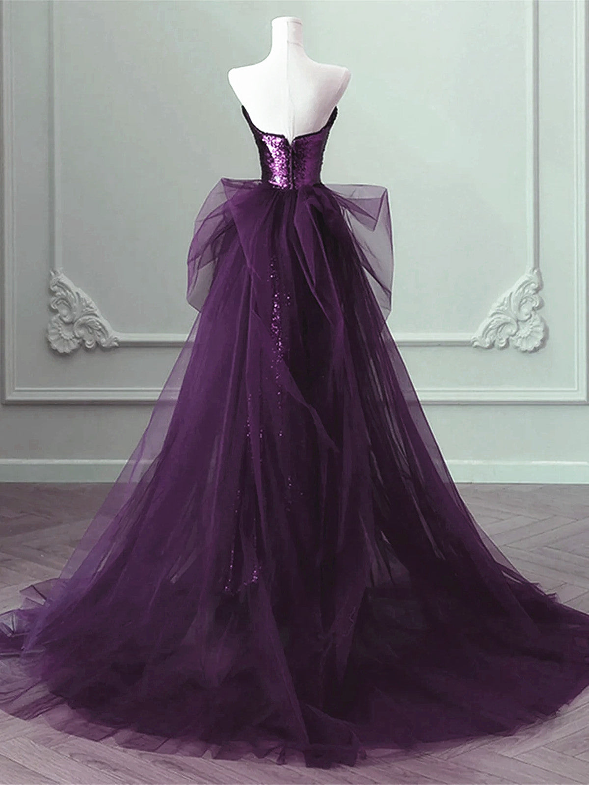Purple Sequins Long Party Dress, A-Line Purple Sequins Classy Prom Dress With Tulle