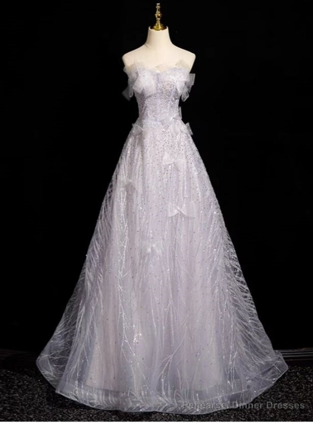 Purple Sequins Off the Shoulder Bow Prom Dress Main image