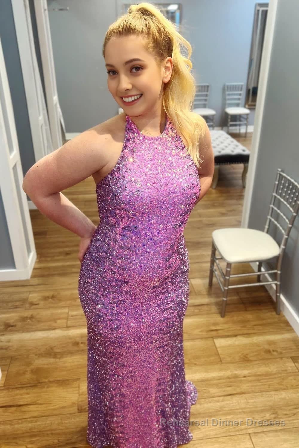 Purple Sheath Lace-Up Back Sequins Prom Dress Main image