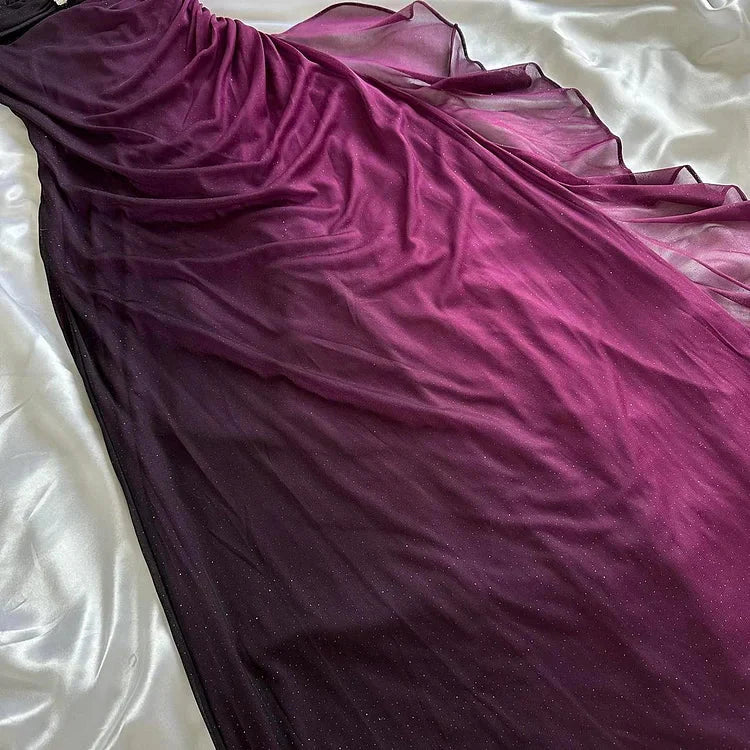 Purple Shiny Elegant Fashion Gradient Strap Long Tulle Ball Gown Classy Evening Dress