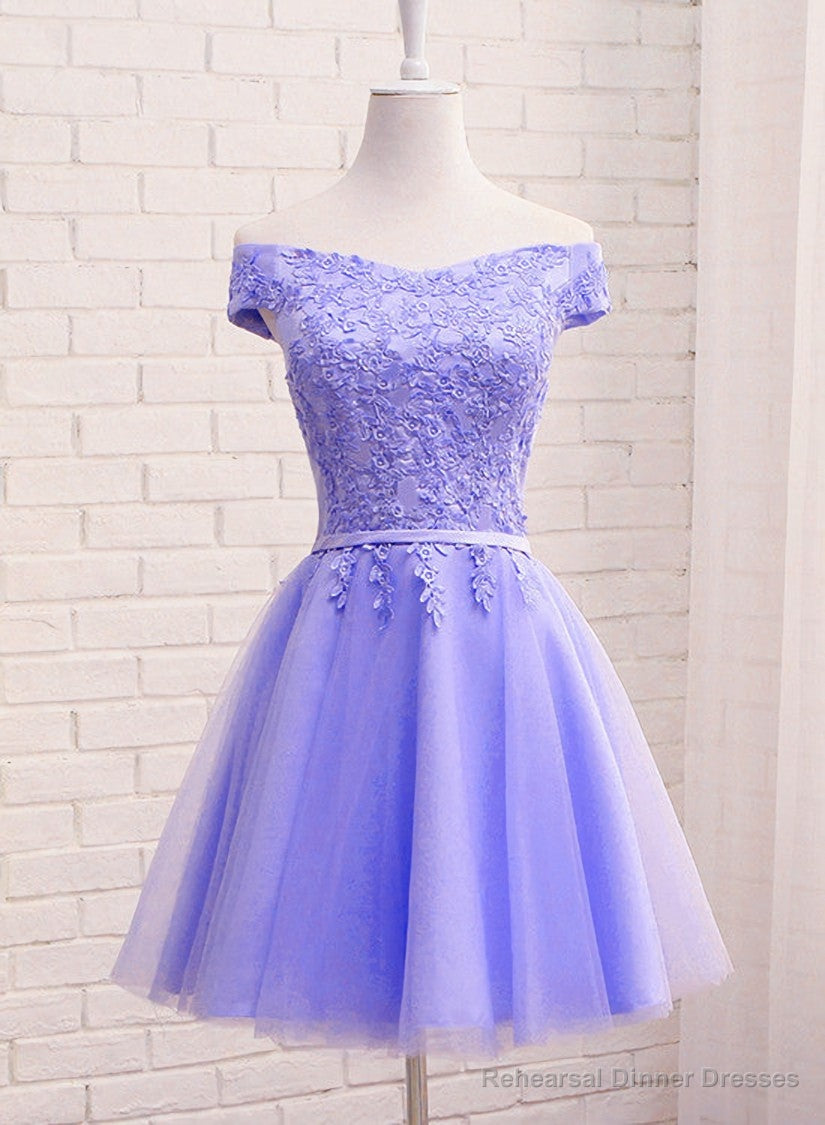 Purple Short Sleeves Lace Off Shoulder Party Dress, Cute Purple Homecoming Dress Secondary image