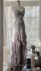 Purple Spaghetti Strap Bodycon Open Back Chiffon Sequin Long Evening Prom Dress Adult Ceremony Dress With Appliques