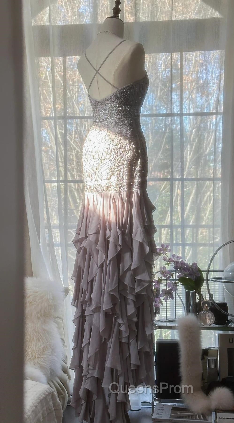 Purple Spaghetti Strap Bodycon Open Back Chiffon Sequin Long Evening Prom Dress Adult Ceremony Dress With Appliques