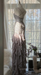 Purple Spaghetti Strap Bodycon Open Back Chiffon Sequin Long Evening Prom Dress Adult Ceremony Dress With Appliques
