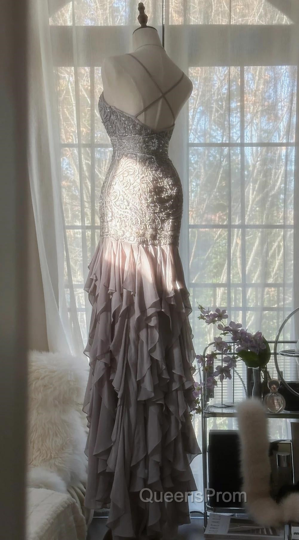 Purple Spaghetti Strap Bodycon Open Back Chiffon Sequin Long Evening Prom Dress Adult Ceremony Dress With Appliques