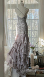 Purple Spaghetti Strap Bodycon Open Back Chiffon Sequin Long Evening Prom Dress Adult Ceremony Dress With Appliques