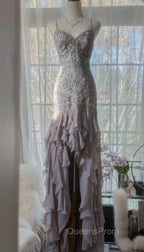 Purple Spaghetti Strap Bodycon Open Back Chiffon Sequin Long Evening Prom Dress Adult Ceremony Dress With Appliques