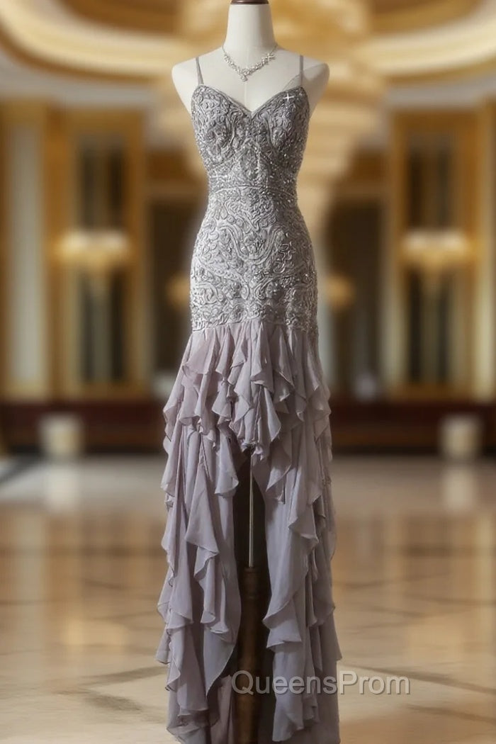 Purple Spaghetti Strap Bodycon Open Back Chiffon Sequin Long Evening Prom Dress Adult Ceremony Dress With Appliques
