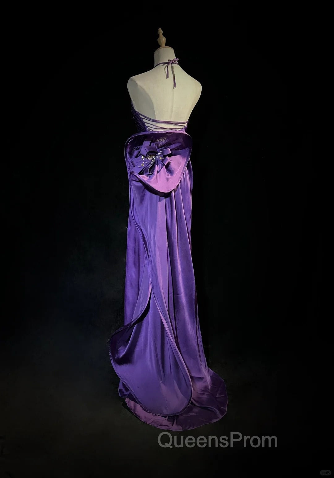 Purple Spaghetti Strap Satin Evening Prom Dress Backless Evening Gown