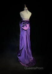 Purple Spaghetti Strap Satin Evening Prom Dress Backless Evening Gown
