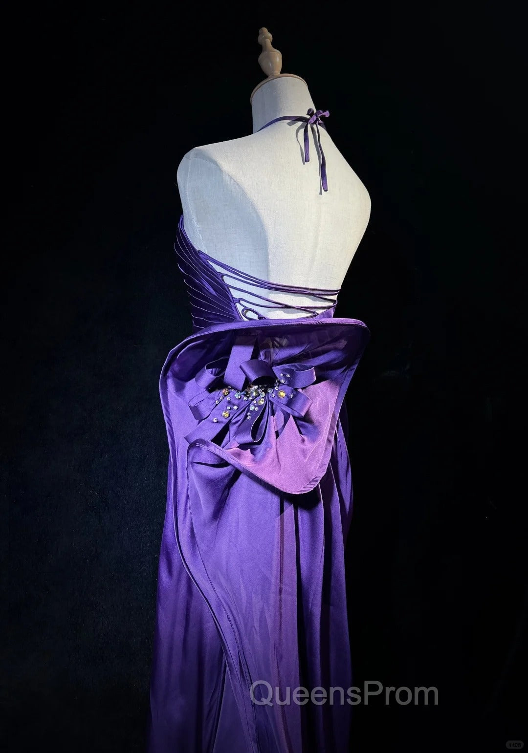 Purple Spaghetti Strap Satin Evening Prom Dress Backless Evening Gown