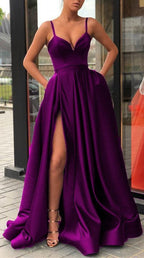 Neck Long Classy Prom Dress Purple Classy Evening Dress Satin Party Dress
