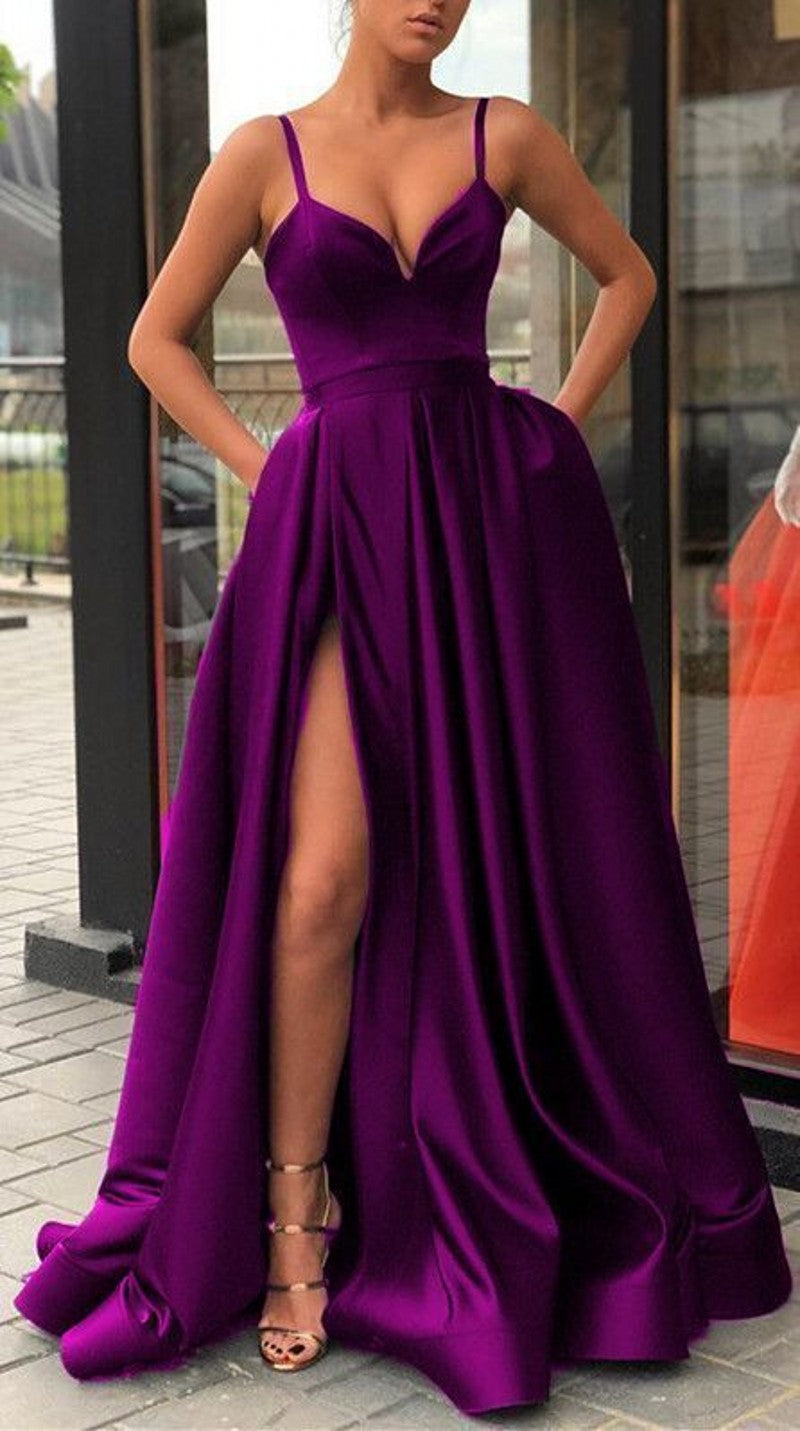 Neck Long Classy Prom Dress Purple Classy Evening Dress Satin Party Dress