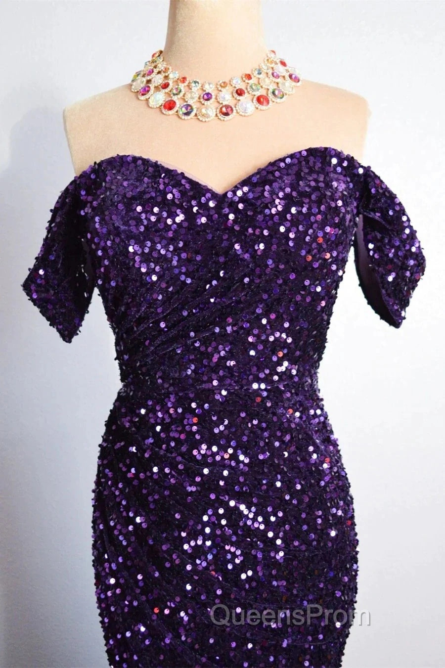 Purple Sparkly Long Formal Dress Mermaid Off-Shoulder Slit