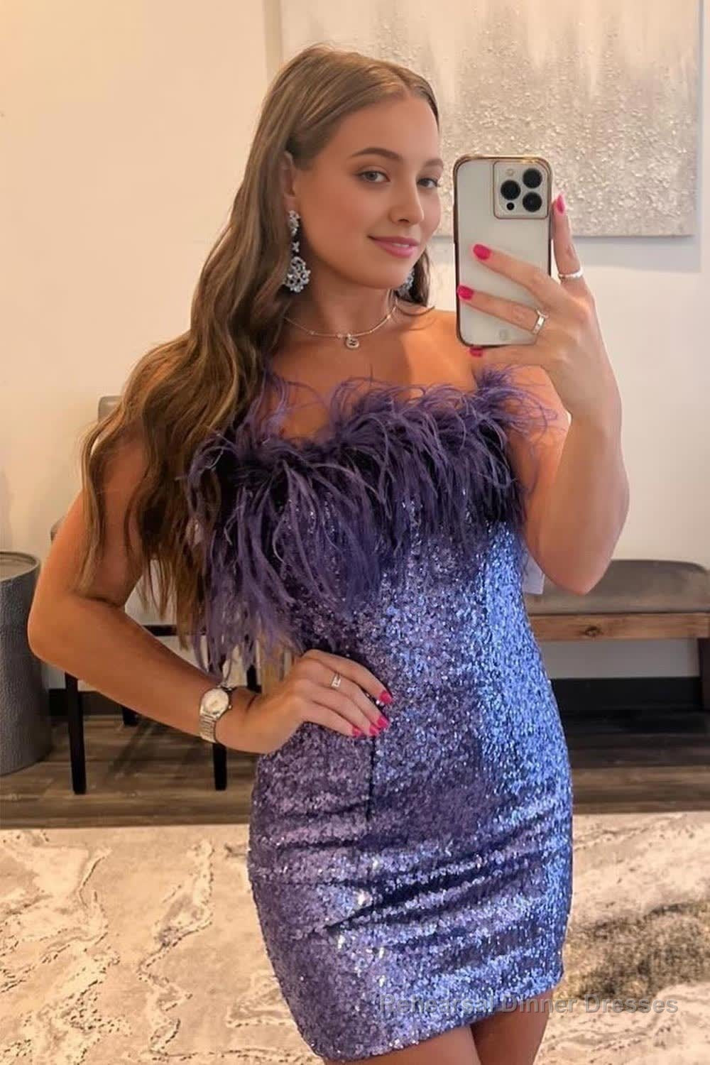 Purple Sparkly Tight Sequins Homecoming Dress with Feathers Main image
