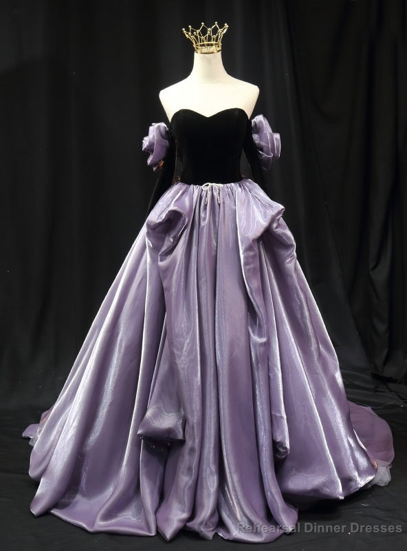 Purple Strapless Black Velvet Long Sleeve Prom Dress Main image