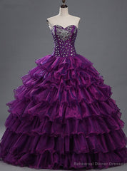Purple Sweetheart Crystals Organza Ball Gown Quinceanera Dresses