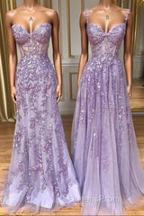 Purple sweetheart neck lace long Evening Prom Dress, lace formal graduation Dress